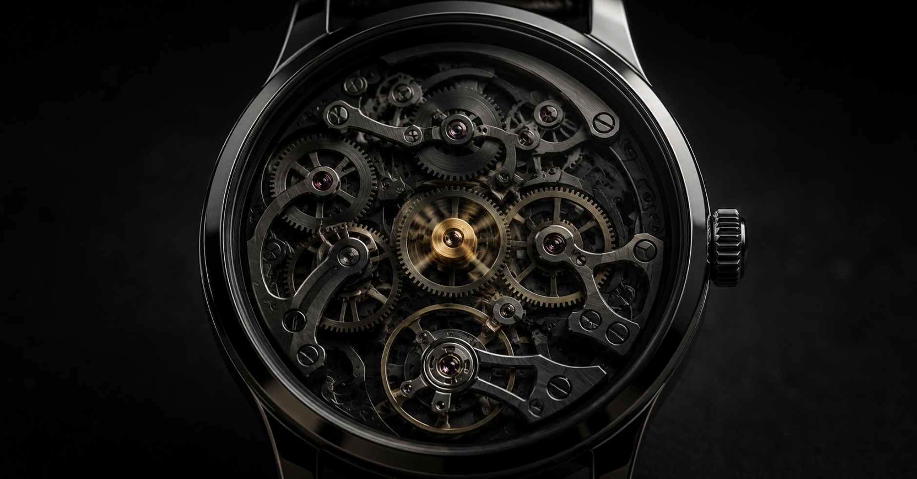 The exposed mechanical movement of a wristwatch