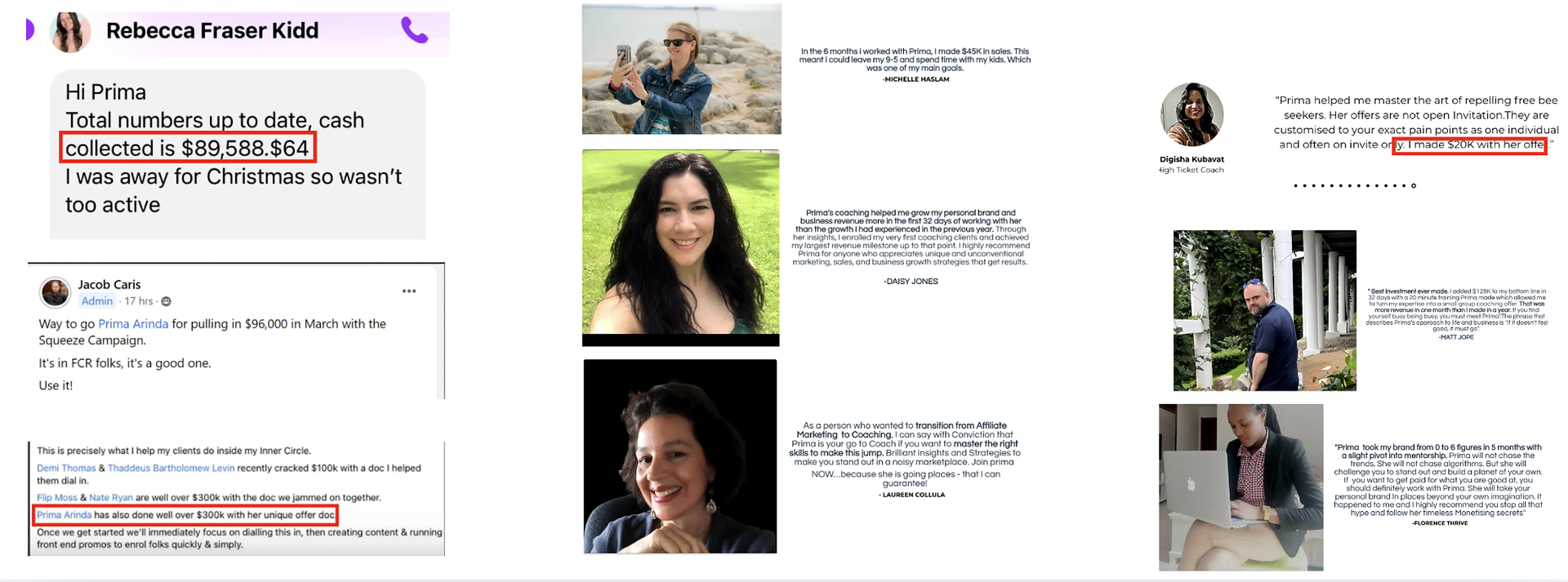 Collection of client results and revenue testimonials