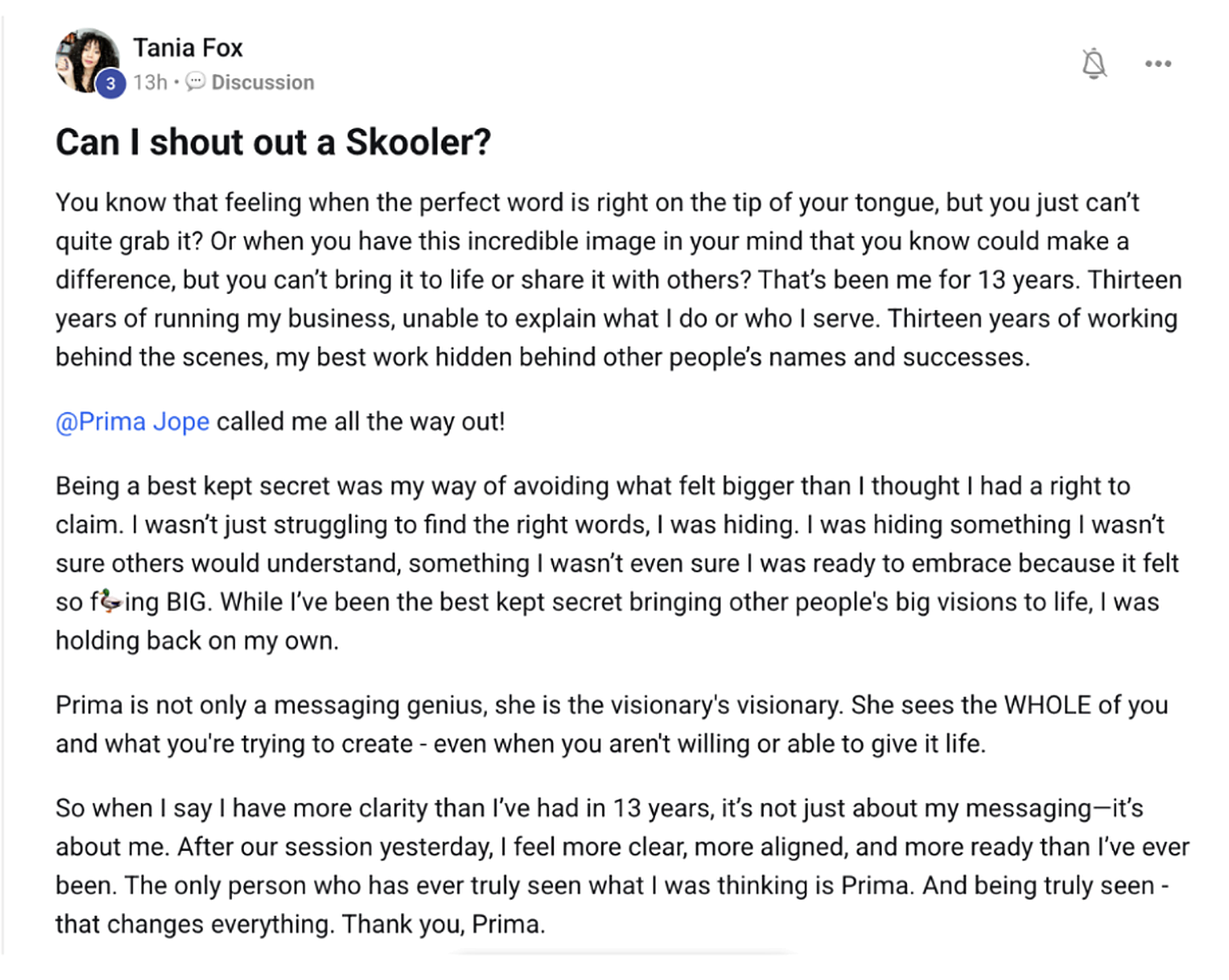Testimonial from Tania Fox on stepping into her vision after 13 years