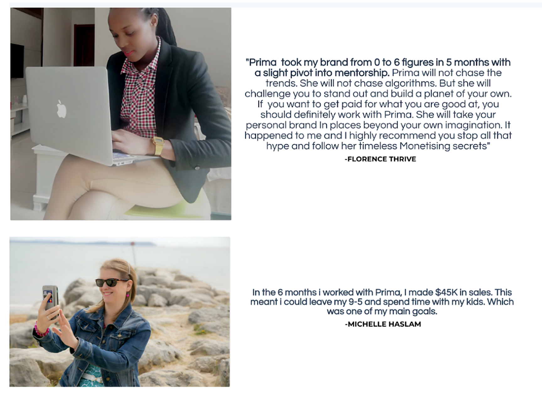 Testimonials from Florence Thrive and Michelle Haslam on business transformation