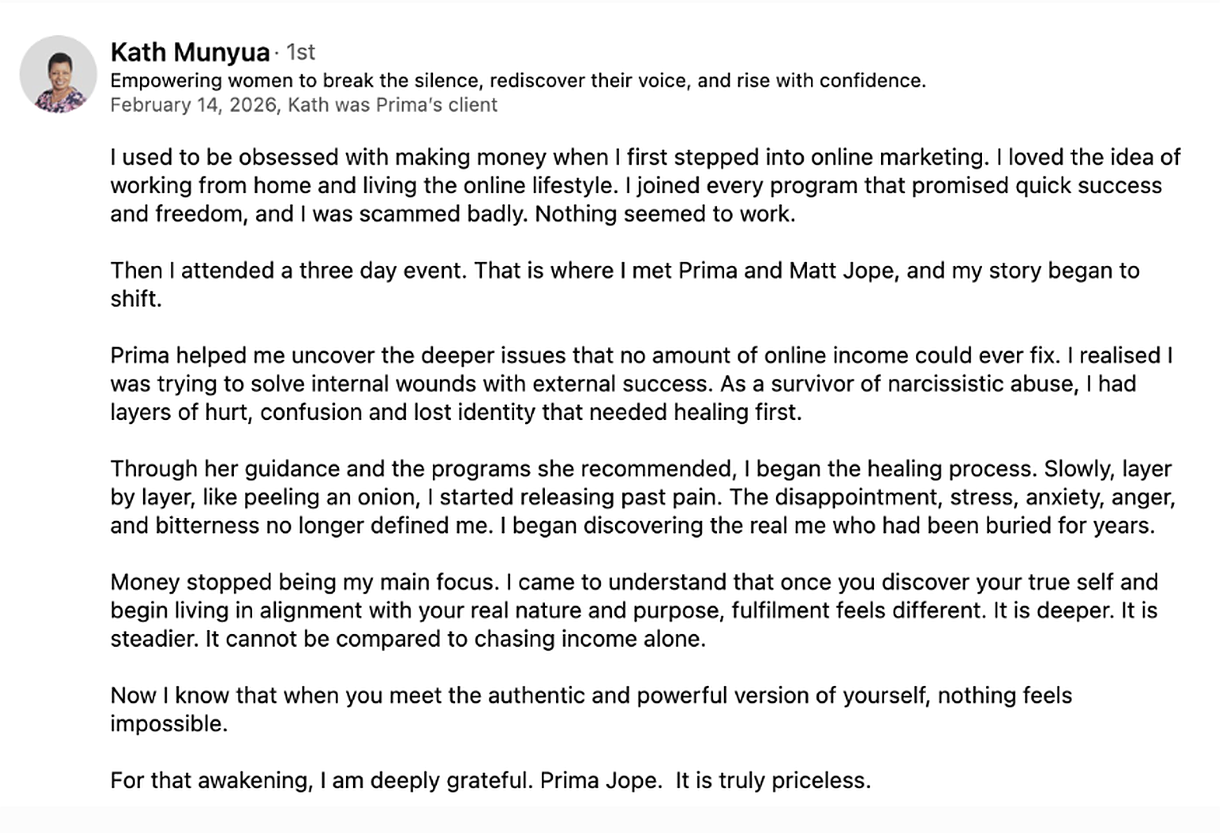 Testimonial from Kath Munyua on healing and authentic self-discovery with Prima Jope