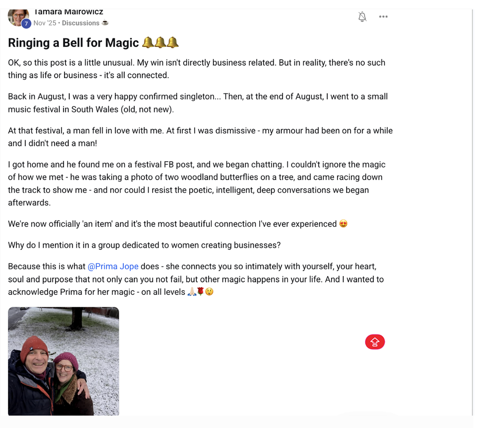 Testimonial from Tamara Mairowicz on unexpected love and life magic after working with Prima